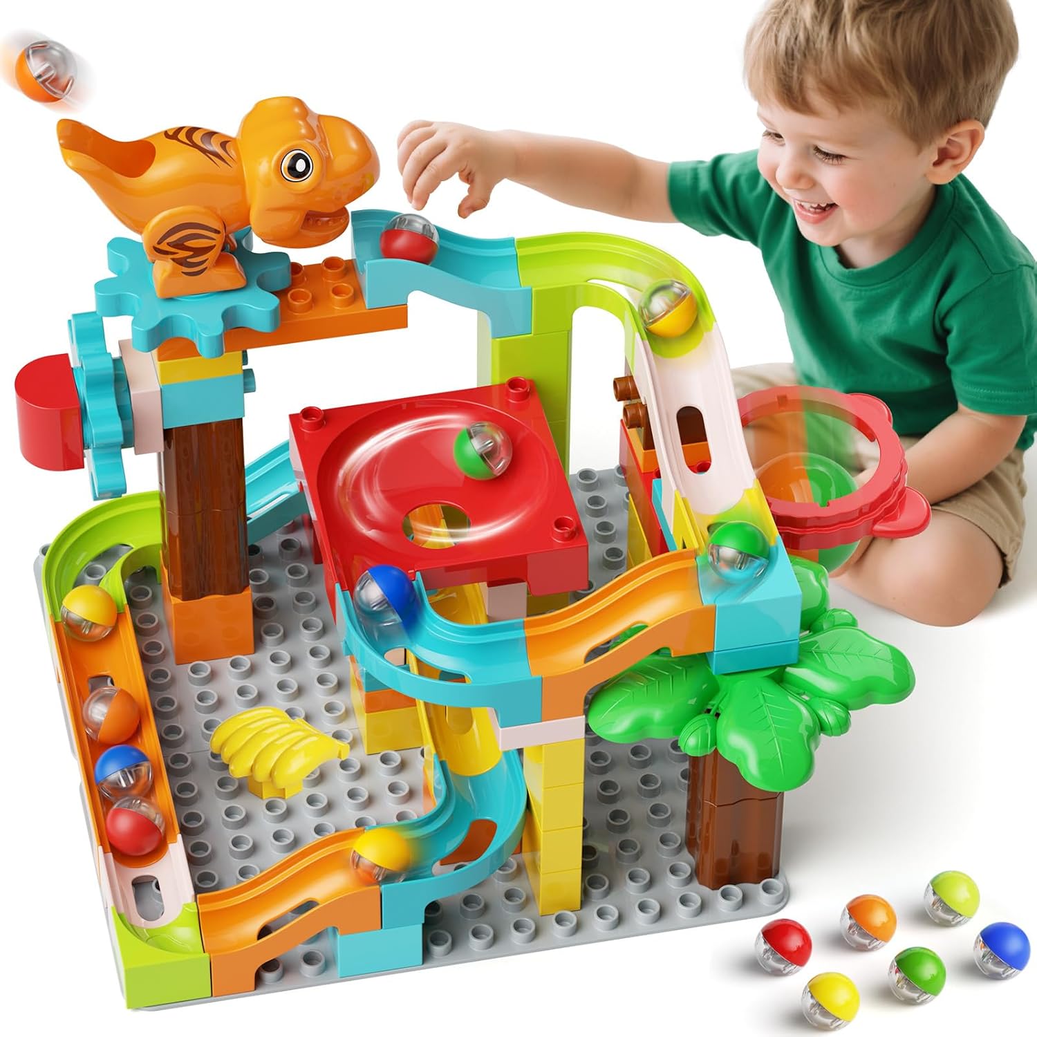 Burgkidz Circuits De Billes Dinosaures 78 Pièces – Labyrinthe Pistes à Billes Éducatif STEM Avec Dinosaures Préhistoriques Pour Enfants 3-8 Ans